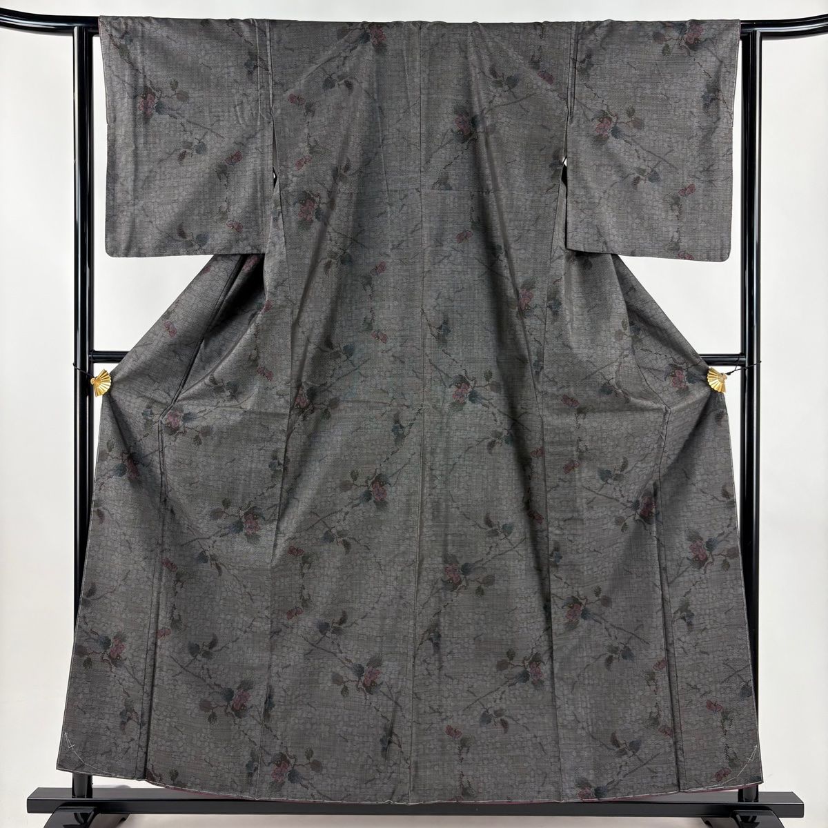 紬 身丈158 cm 裄丈62 S 袷 枝花 灰茶 正絹 秀品