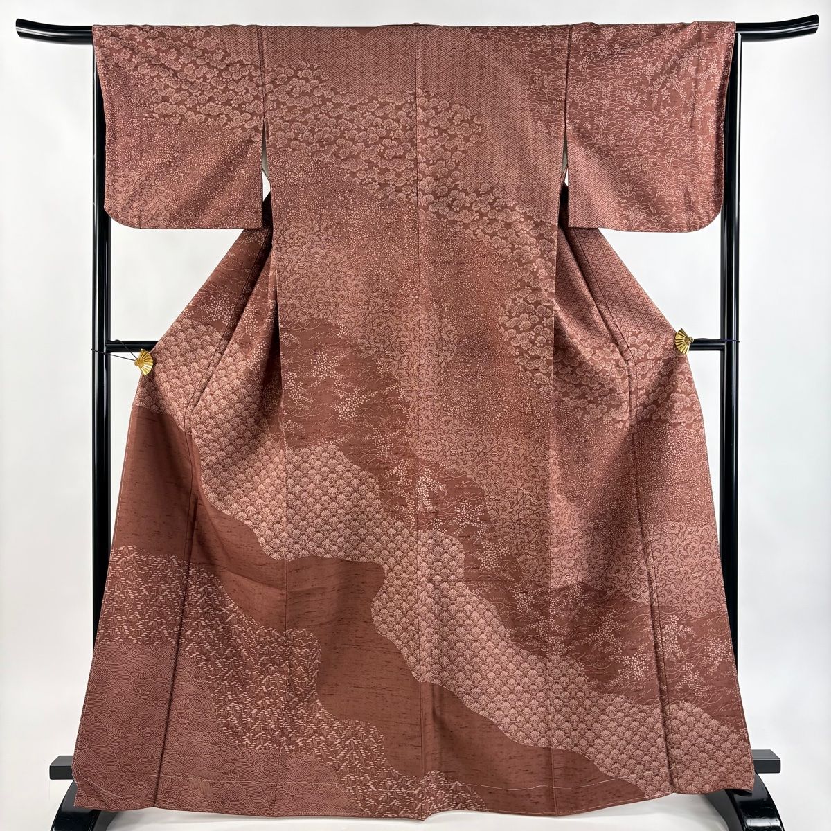 訪問着 身丈166 5 cm 裄丈64 M 袷 紬地 波 菊青海波 茶色 正絹 秀品