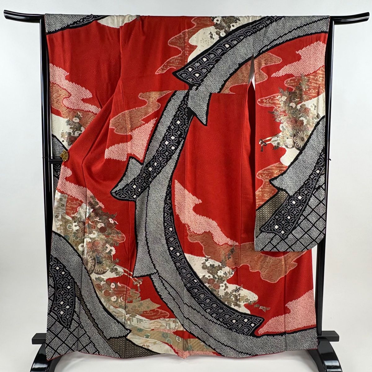 振袖 身丈165 cm 裄丈65 M 袷 花車 熨斗 金銀彩 絞り 赤 正絹 秀品