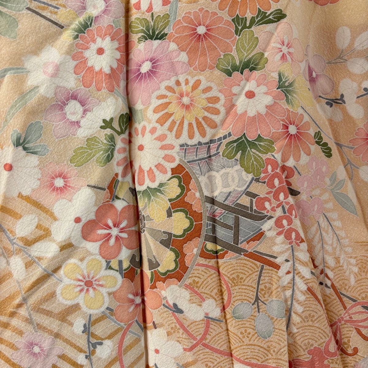 訪問着 身丈152.5cm 裄丈62.5cm S 袷 花車 波 金銀彩 ぼかし ベージュ