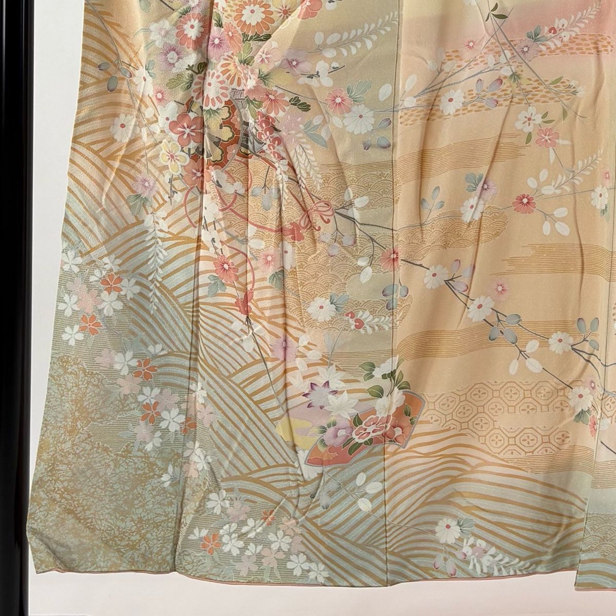 訪問着 身丈152.5cm 裄丈62.5cm S 袷 花車 波 金銀彩 ぼかし ベージュ