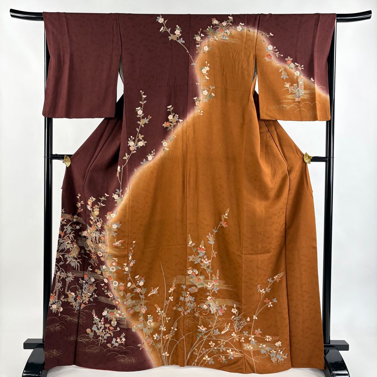 訪問着 身丈168 cm 裄丈65 M 袷 花車 草花 金糸 金彩 茶紫 正絹 秀品