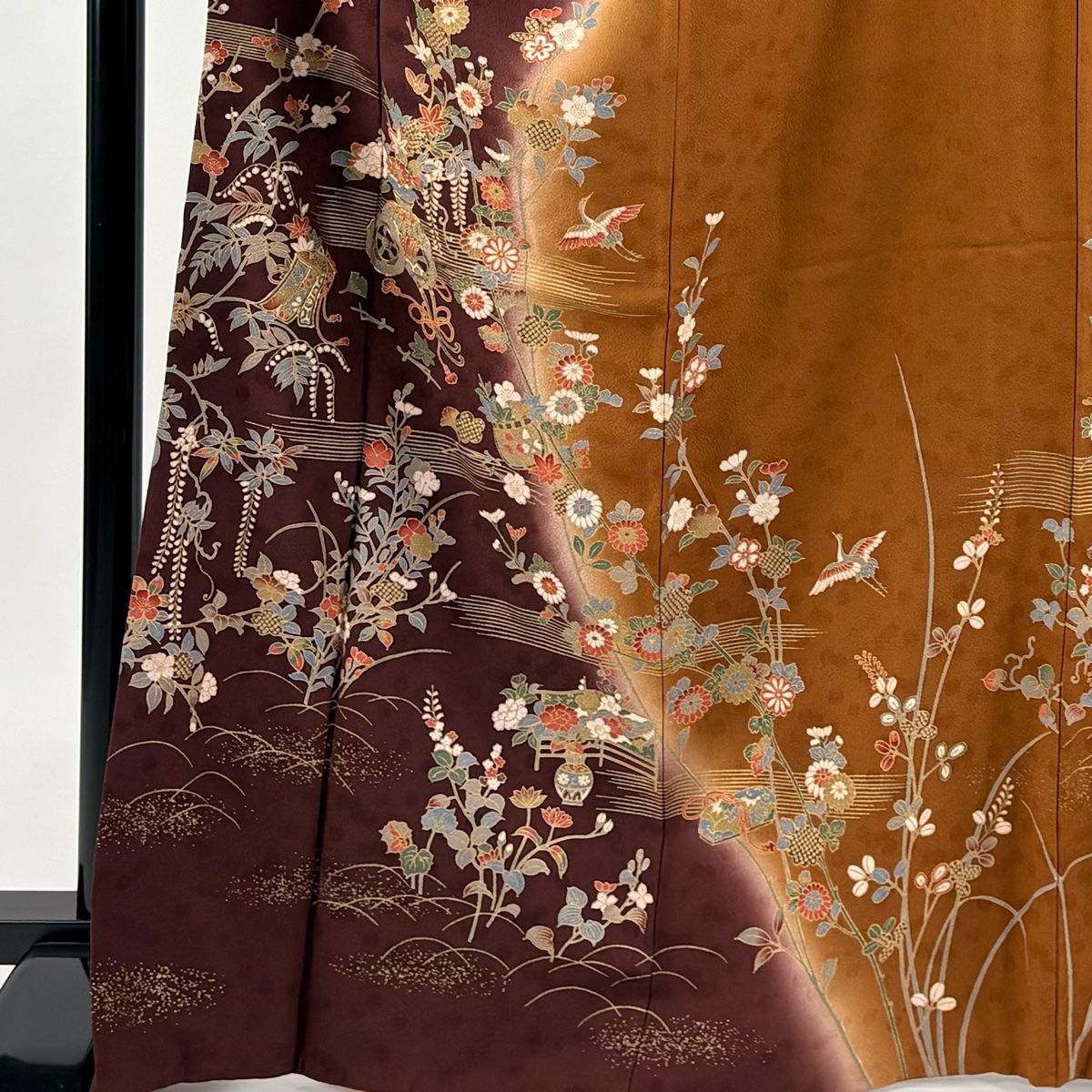 訪問着 身丈168 cm 裄丈65 M 袷 花車 草花 金糸 金彩 茶紫 正絹 秀品