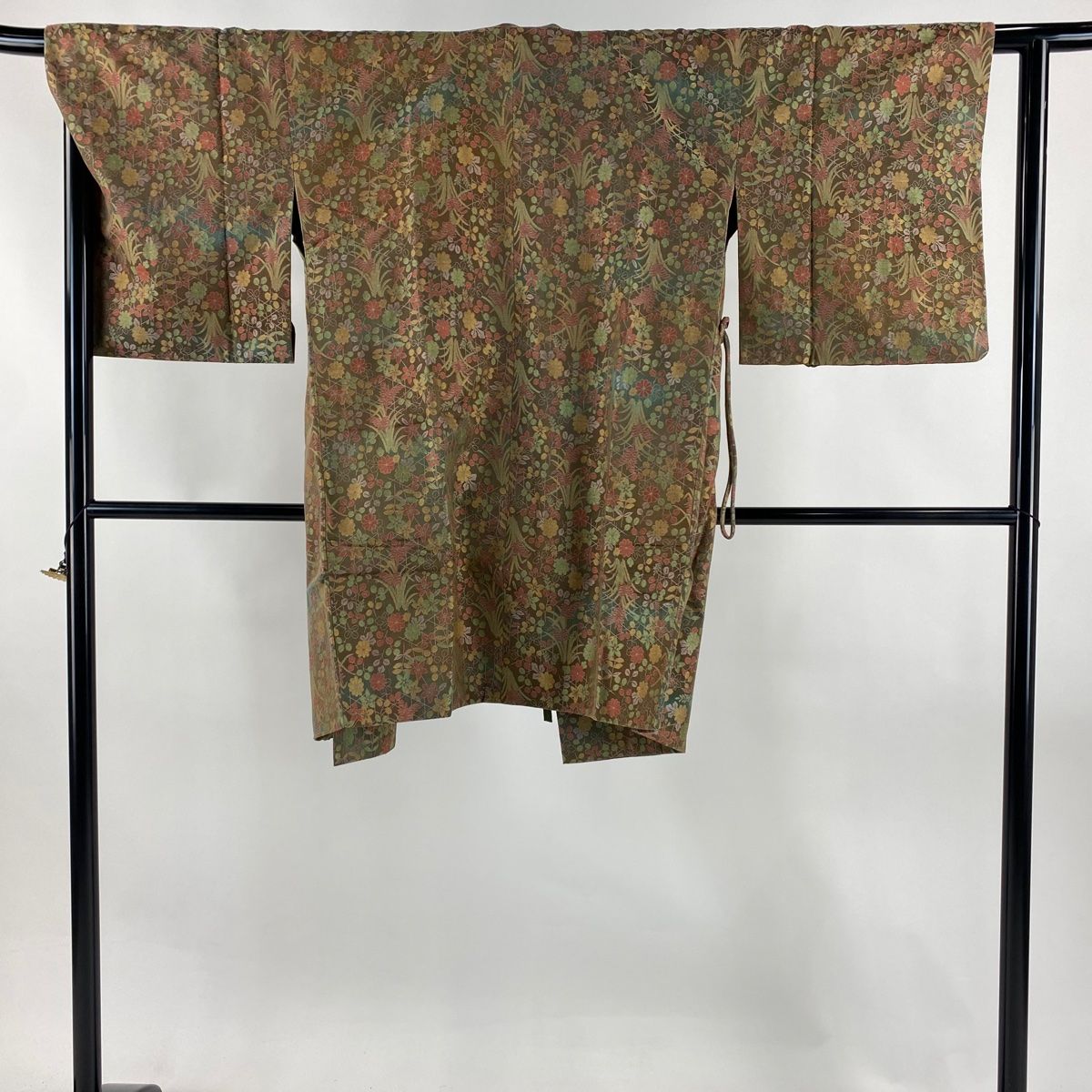 道中着 身丈95 5 cm 裄丈64 M 和装コート 秋草 小豆色 正絹 秀品