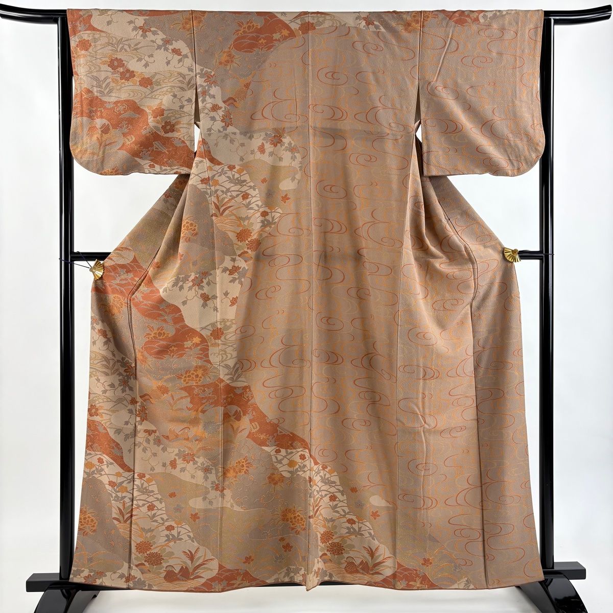 訪問着 身丈158.5 cm 裄丈63 S 袷 草花 鴛鴦 金彩 茶色 正絹 秀品