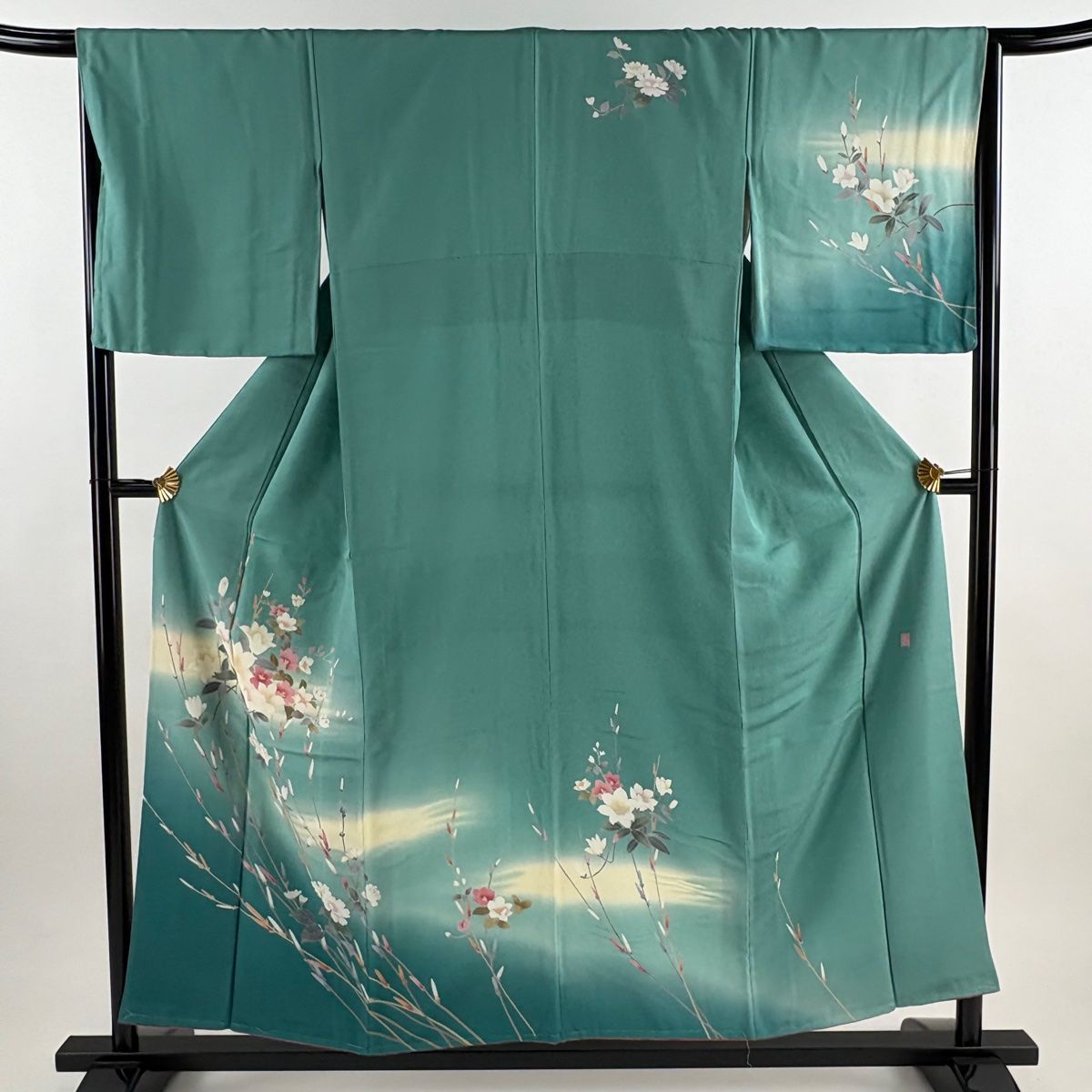 訪問着 身丈154 cm 裄丈65.5 M 袷 落款 草花 霞 ぼかし 青緑 正絹 秀品