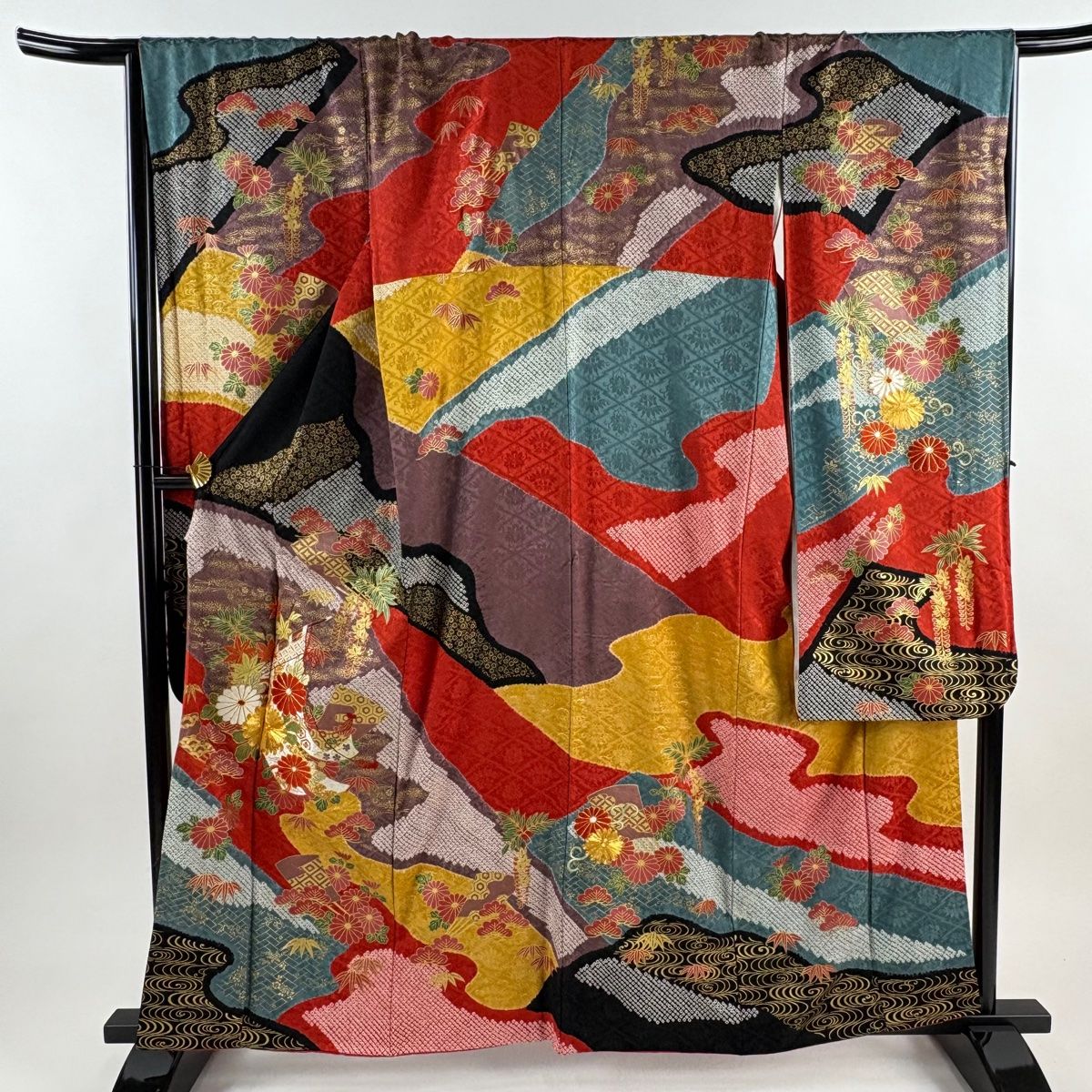 振袖 身丈159 cm 裄丈67 M 袷 几帳 菊 刺繍 絞り 紫 正絹 秀品