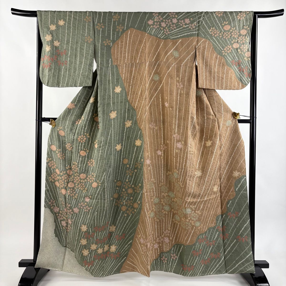 訪問着 身丈162 cm 裄丈65 M 袷 草花 地紋 絞り 染め分け 灰緑 正絹 秀品