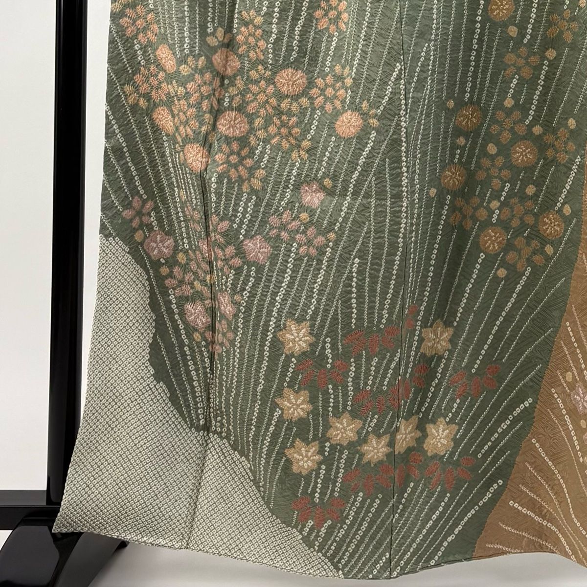 訪問着 身丈162 cm 裄丈65 M 袷 草花 地紋 絞り 染め分け 灰緑 正絹 秀品