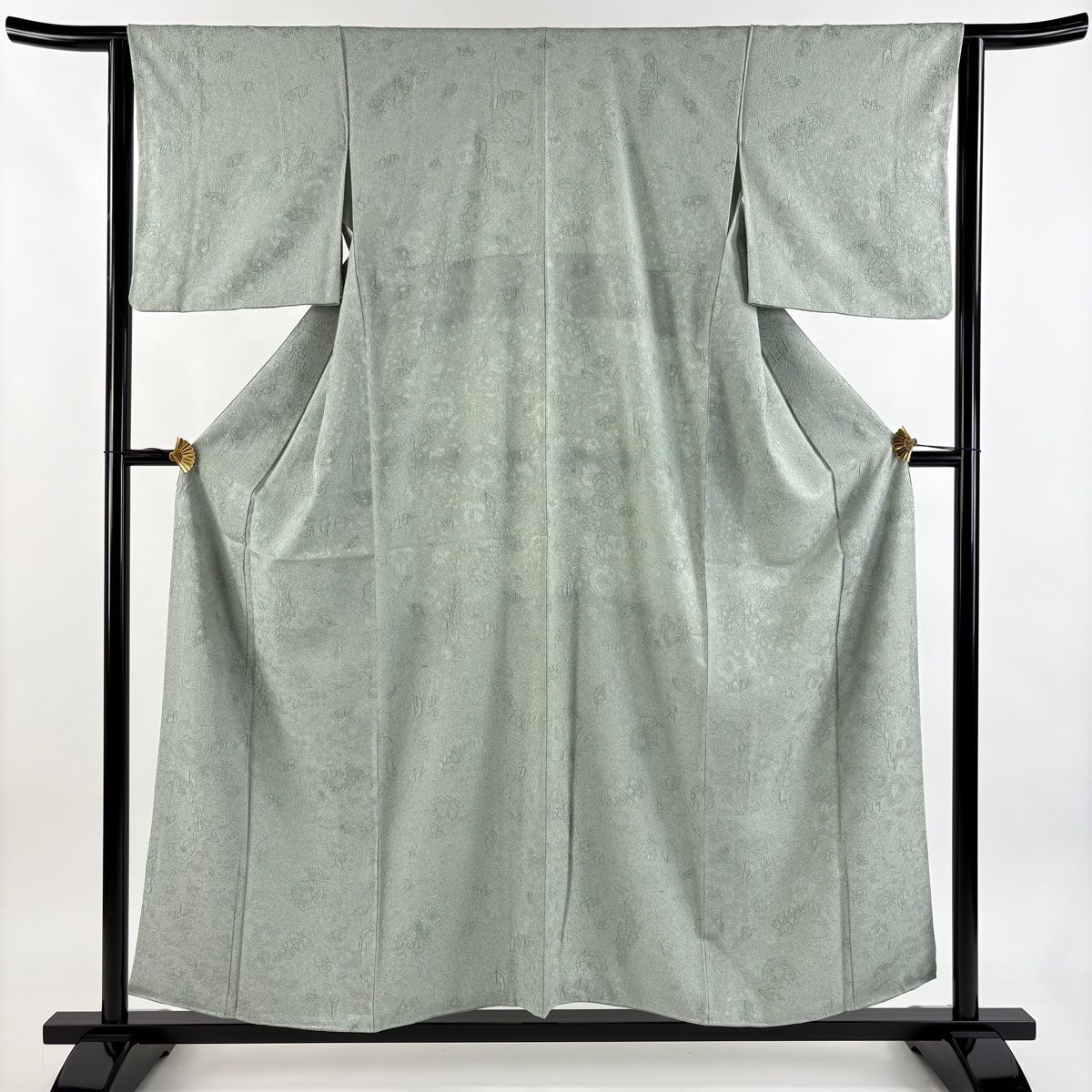 小紋 身丈156 cm 裄丈63 S 袷 地紋 薄緑 正絹 秀品 一つ紋