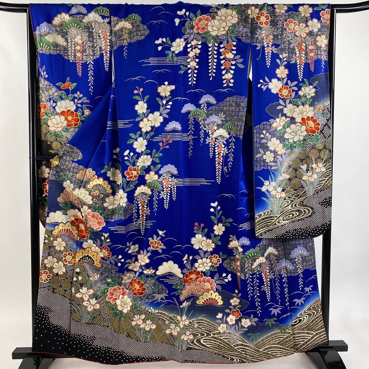 振袖 身丈161 cm 裄丈66 M 袷 笠松 雲 ぼかし 金彩 青 正絹 秀品