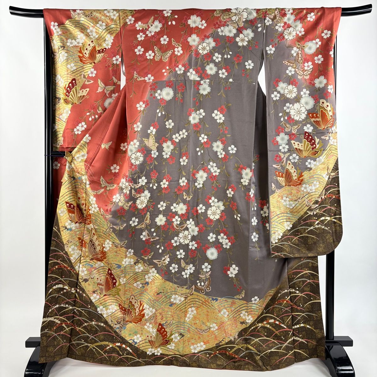 振袖 身丈168 cm 裄丈68 L 袷 蝶 雪芝 金糸 金彩 ピンク 正絹 秀品