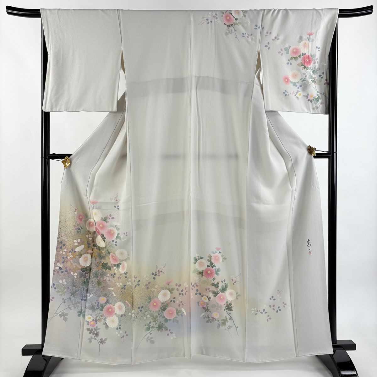 訪問着 身丈162 cm 裄丈68 L 袷 松井青々 落款 菊 萩 金彩 灰色 正絹 秀品