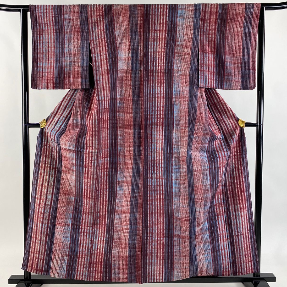 小紋 身丈159.5 cm 裄丈63 S 単衣 縦縞 えんじ色 正絹 秀品