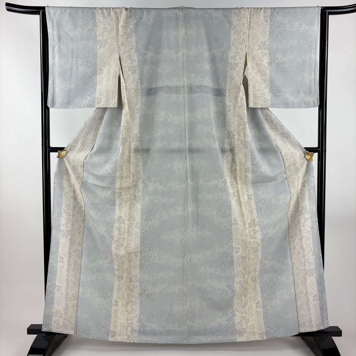 紬 身丈163 cm 裄丈65 M 単衣 葉 青灰色 正絹 秀品