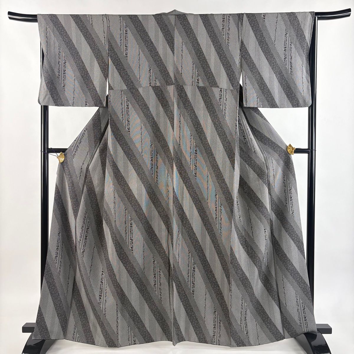 江戸小紋 身丈162 5 cm 裄丈66 M 袷 草花 縞 黒灰 正絹 秀品