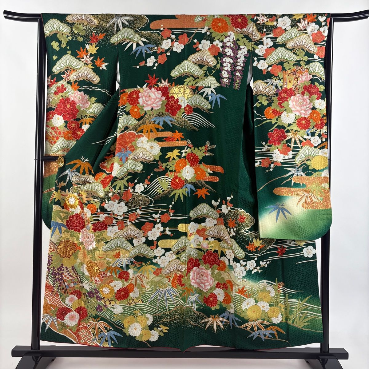 振袖 身丈156 5 cm 裄丈64 M 袷 草花 松竹梅 刺繍 金彩 緑 正絹 秀品