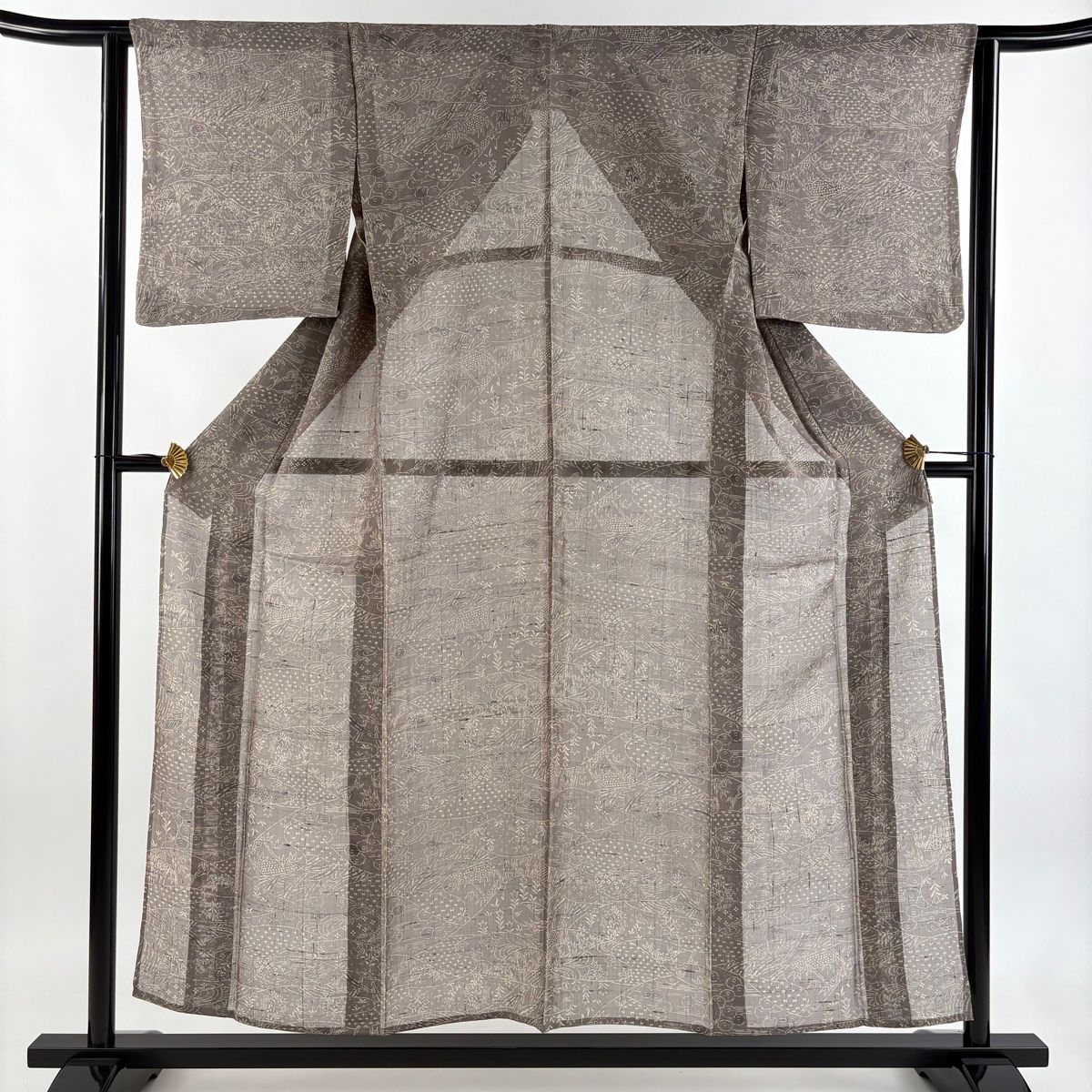 小紋 身丈154 cm 裄丈63 S 薄物 夏紬地 草花 建物 灰茶 正絹 秀品