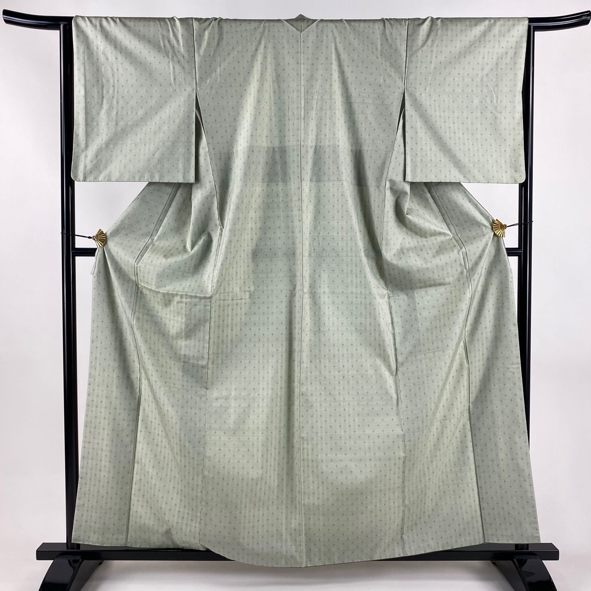 大島紬 身丈160.5 cm 裄丈64 M 袷 縦縞 幾何学 薄緑 正絹 秀品