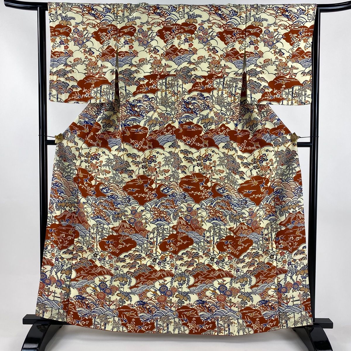 小紋 身丈162 cm 裄丈64 M 袷 松竹梅 雲文 クリーム 正絹 秀品