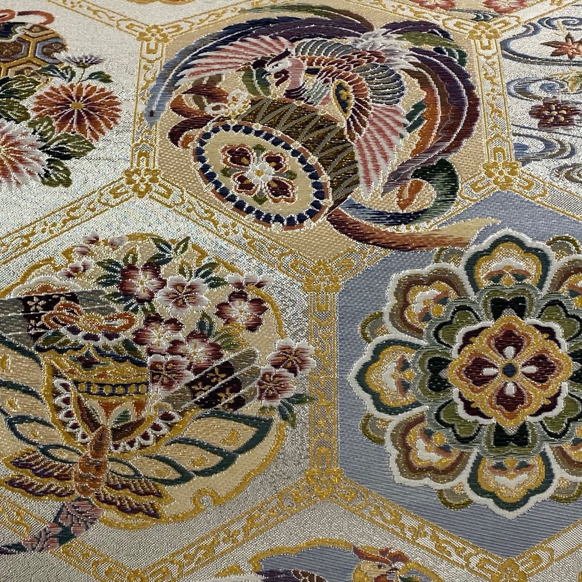 美品】 袋帯 秀品 亀甲長寿絵図 亀甲 花鳥 金銀糸 箔 ベージュ 六通