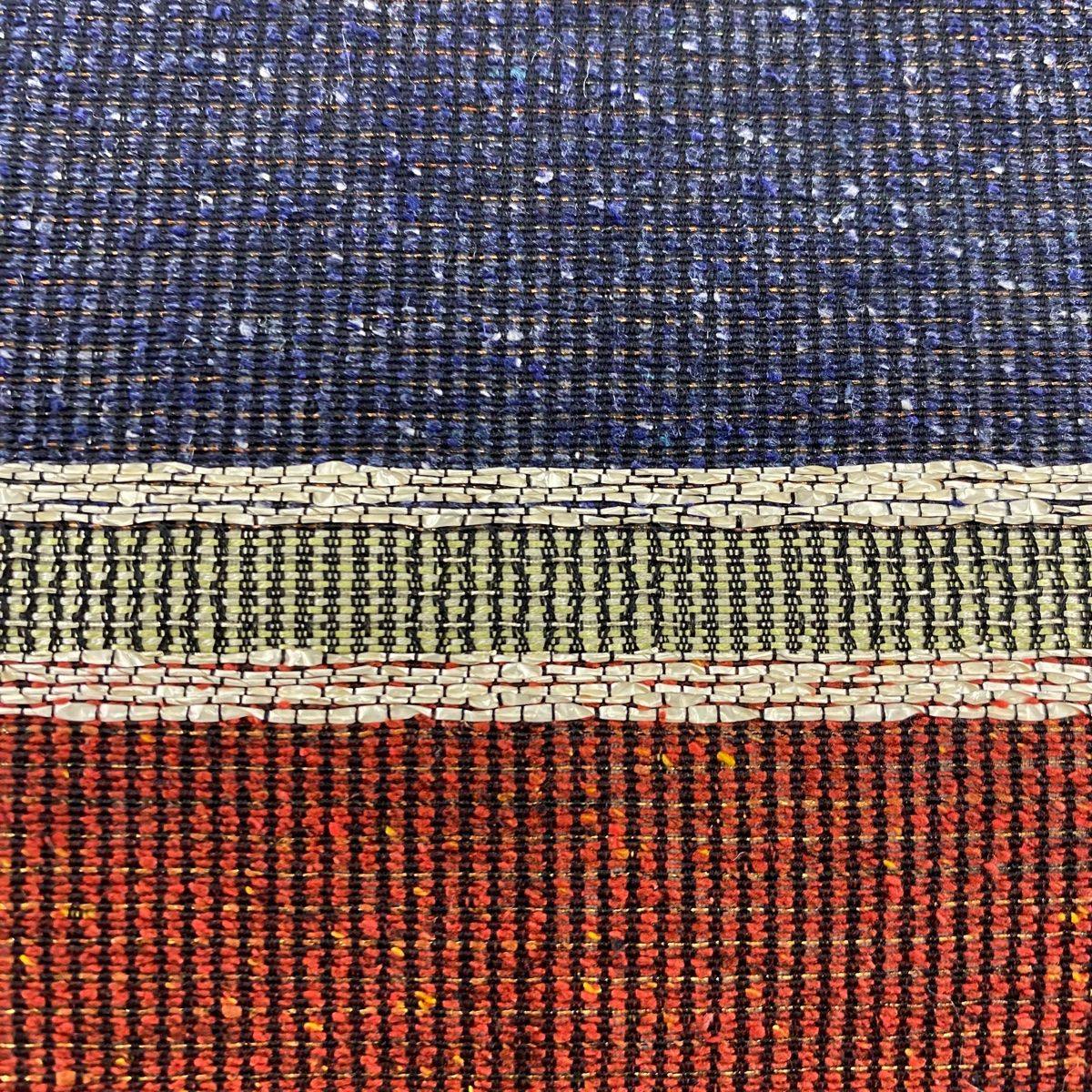 袋帯 秀品 落款 夏帯 紋紗 段縞 金糸 箔 紺色 全通 正絹