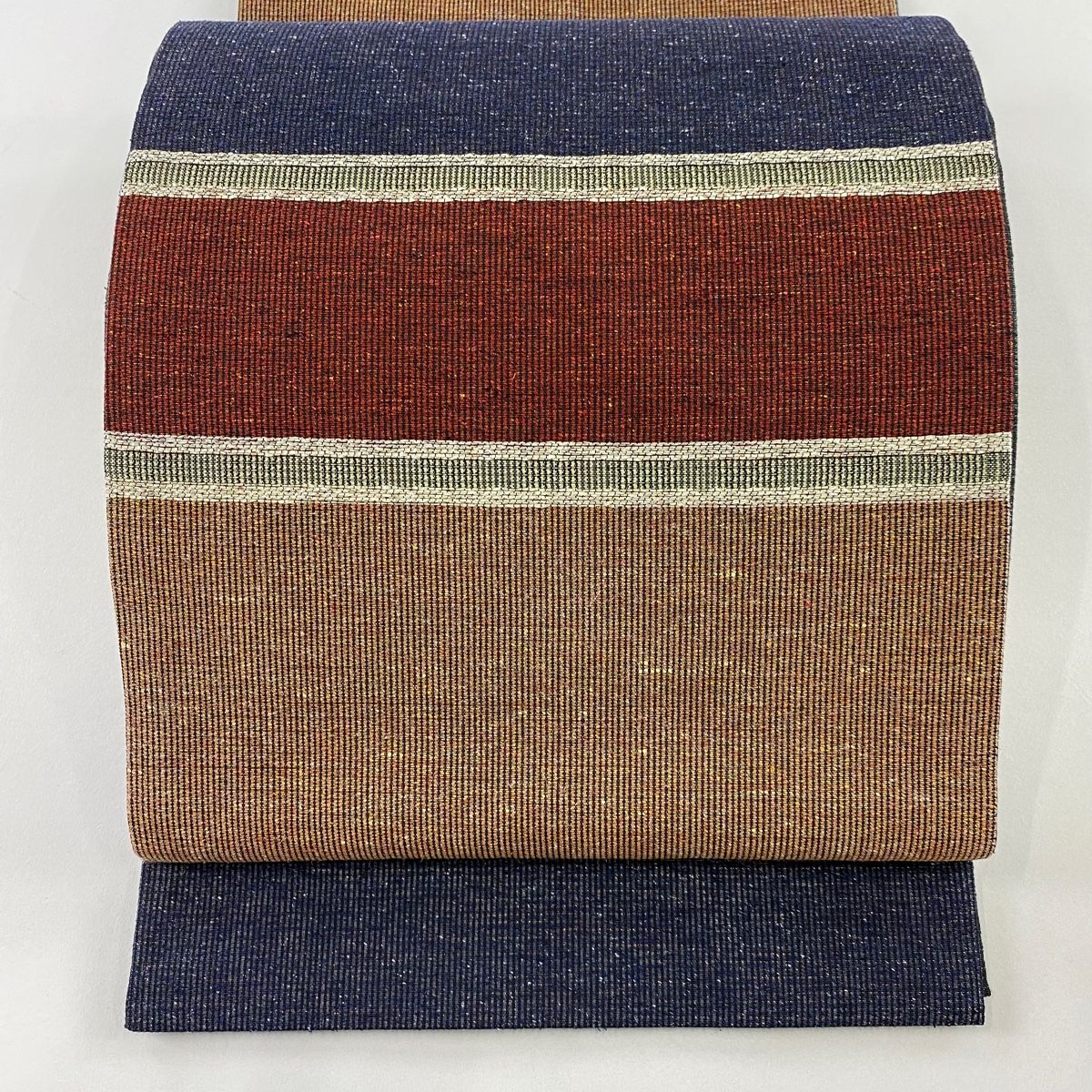 袋帯 秀品 落款 夏帯 紋紗 段縞 金糸 箔 紺色 全通 正絹