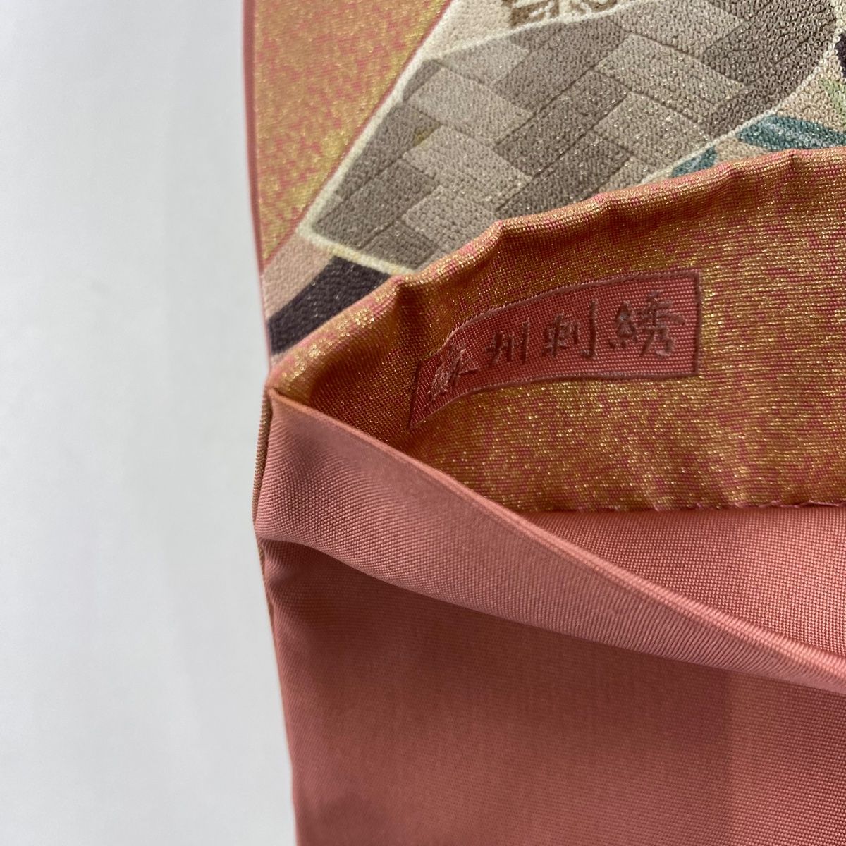  袋帯 秀品 扉 草花 刺繍 ピンク お太鼓柄 正絹 袋帯 帯