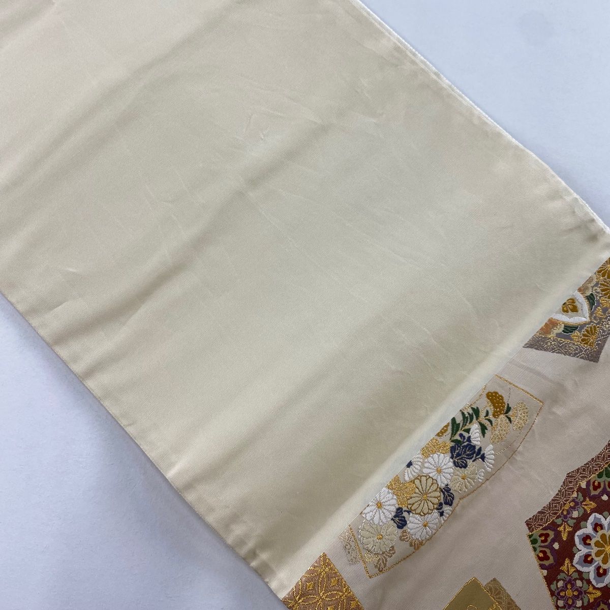  袋帯 秀品 冊子 華文 金糸 箔 ベージュ 六通 正絹 袋帯 帯