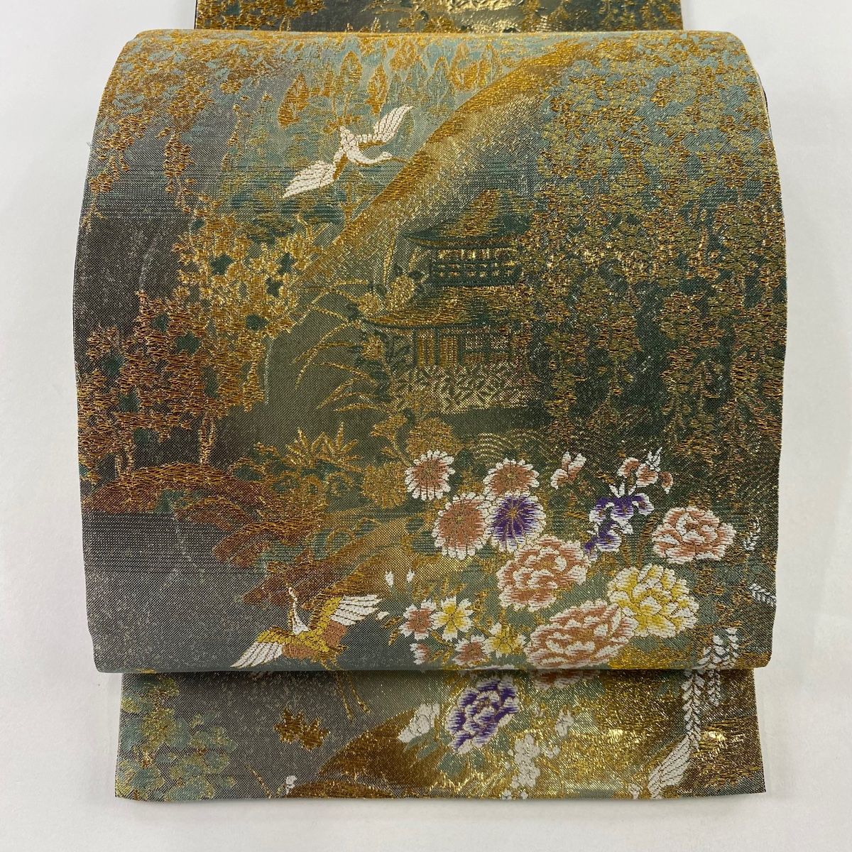 袋帯 秀品 草花 鶴 金糸 箔 茶緑色 六通 正絹