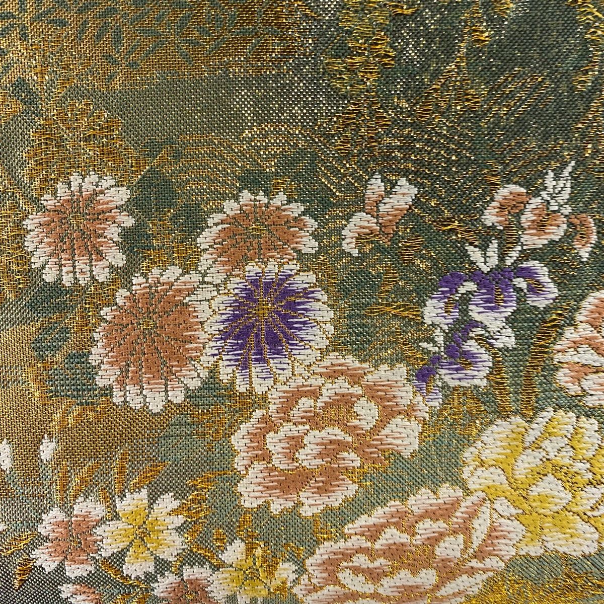 袋帯 秀品 草花 鶴 金糸 箔 茶緑色 六通 正絹