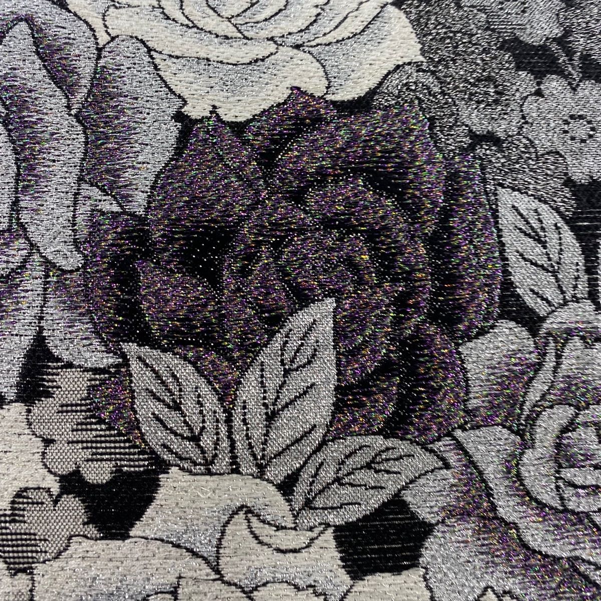 袋帯 秀品 薔薇 草花 銀糸 箔 黒 六通 正絹