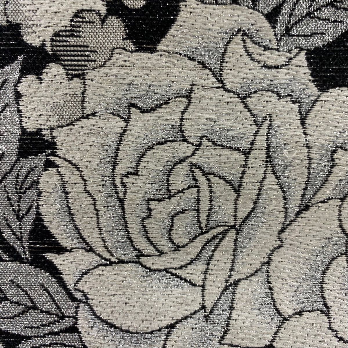  袋帯 秀品 薔薇 草花 銀糸 箔 黒 六通 正絹 袋帯 帯