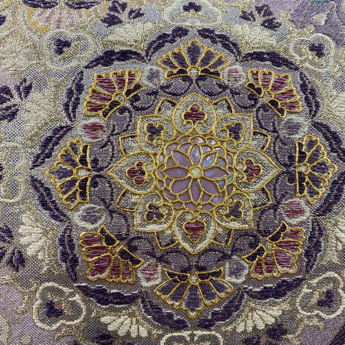 袋帯 秀品 やまと 華文 熨斗 螺鈿 銀糸 薄紫 お太鼓柄 正絹