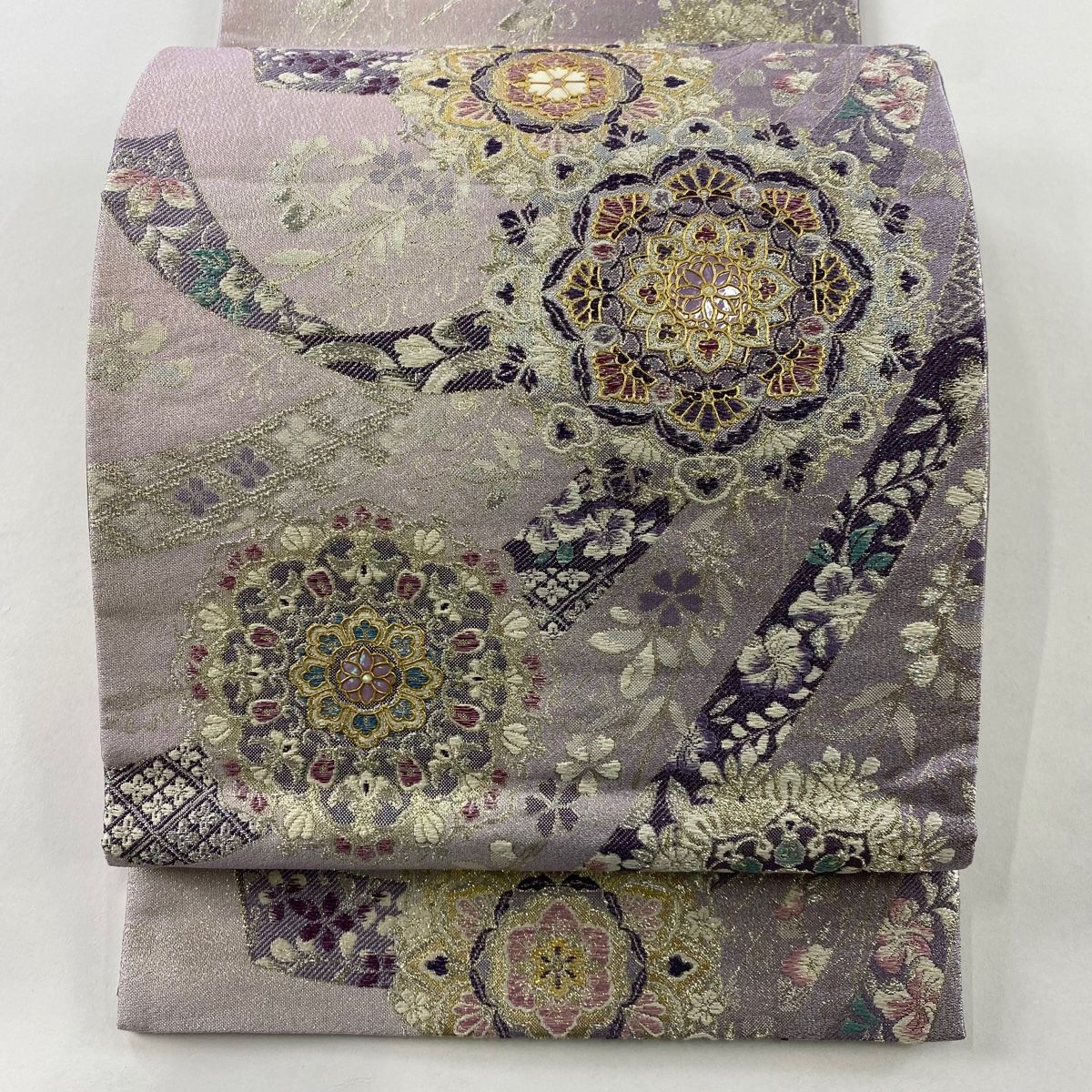 袋帯 秀品 やまと 華文 熨斗 螺鈿 銀糸 薄紫 お太鼓柄 正絹