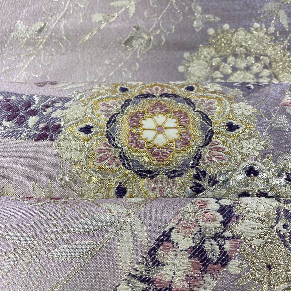 袋帯 秀品 やまと 華文 熨斗 螺鈿 銀糸 薄紫 お太鼓柄 正絹 袋帯 帯