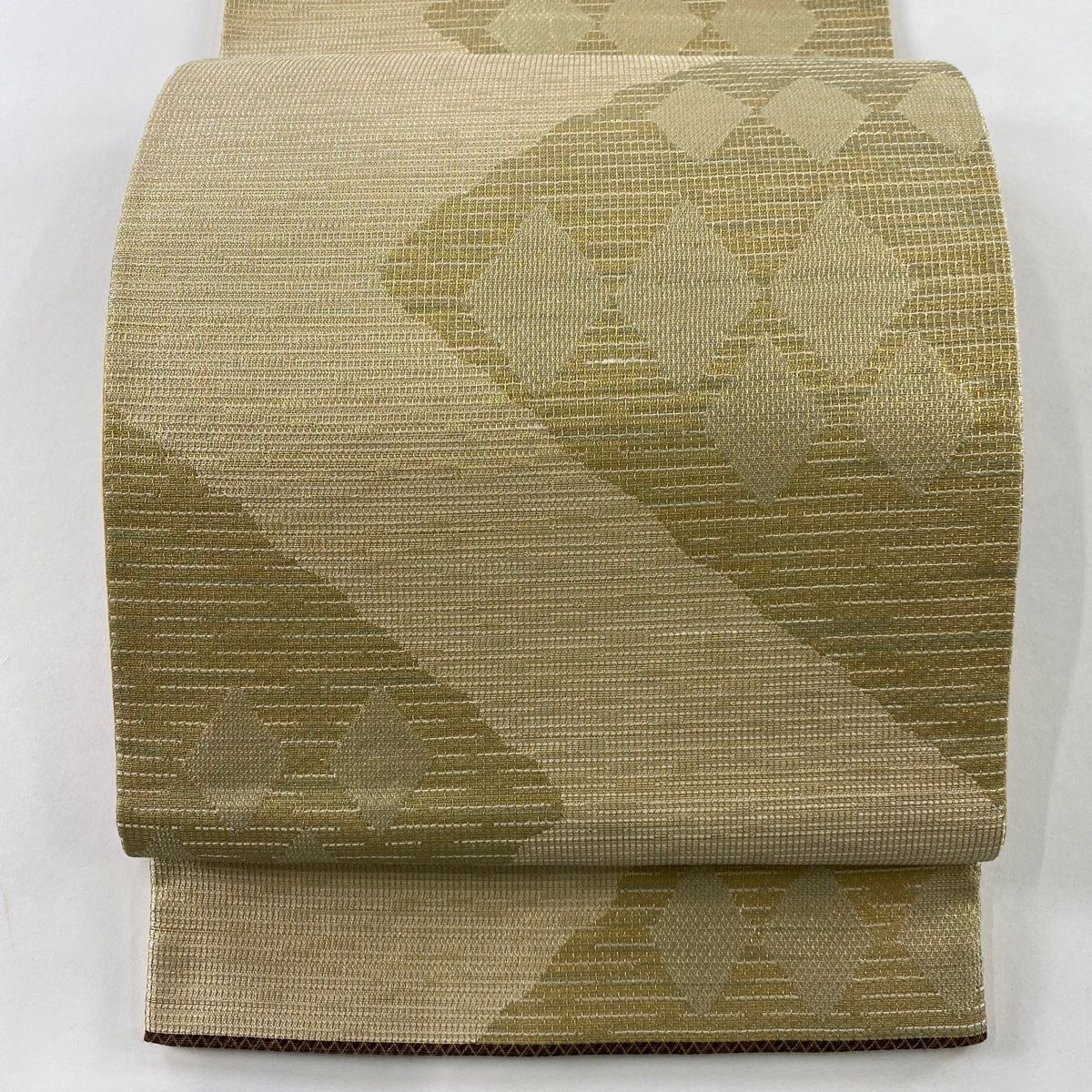 袋帯 秀品 菱文 縞模様 金糸 ベージュ 六通 正絹