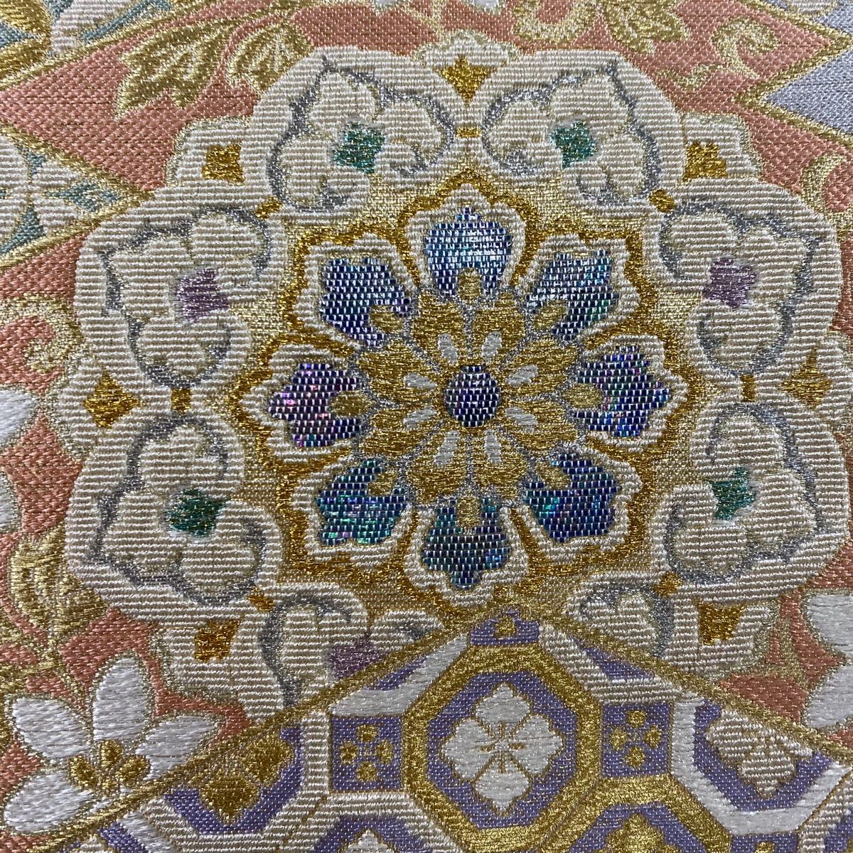 袋帯 秀品 華文 蜀江文 螺鈿箔 金銀糸 クリーム お太鼓柄 正絹