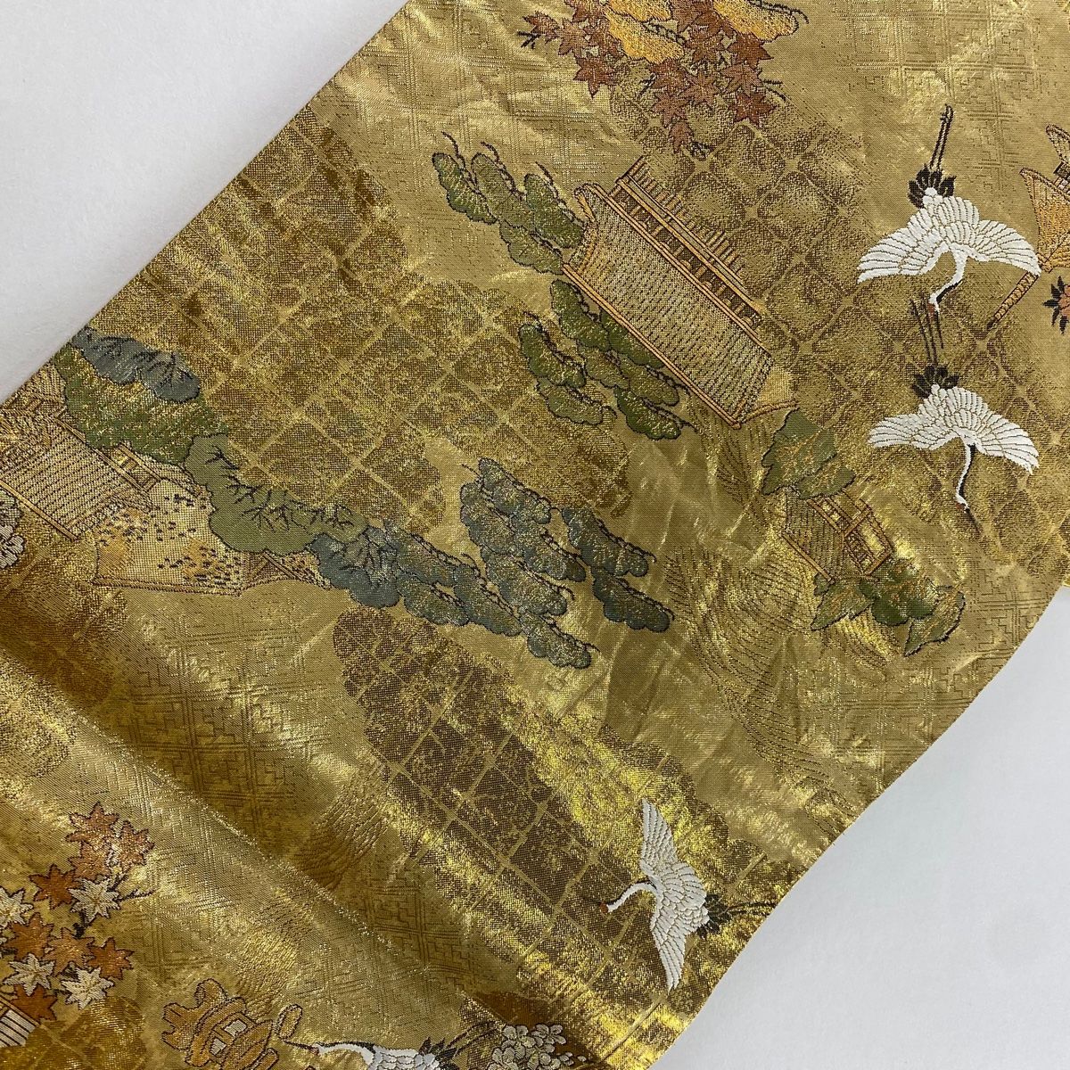  袋帯 秀品 京風景 鶴 箔 金糸 金色 お太鼓柄 正絹 袋帯 帯