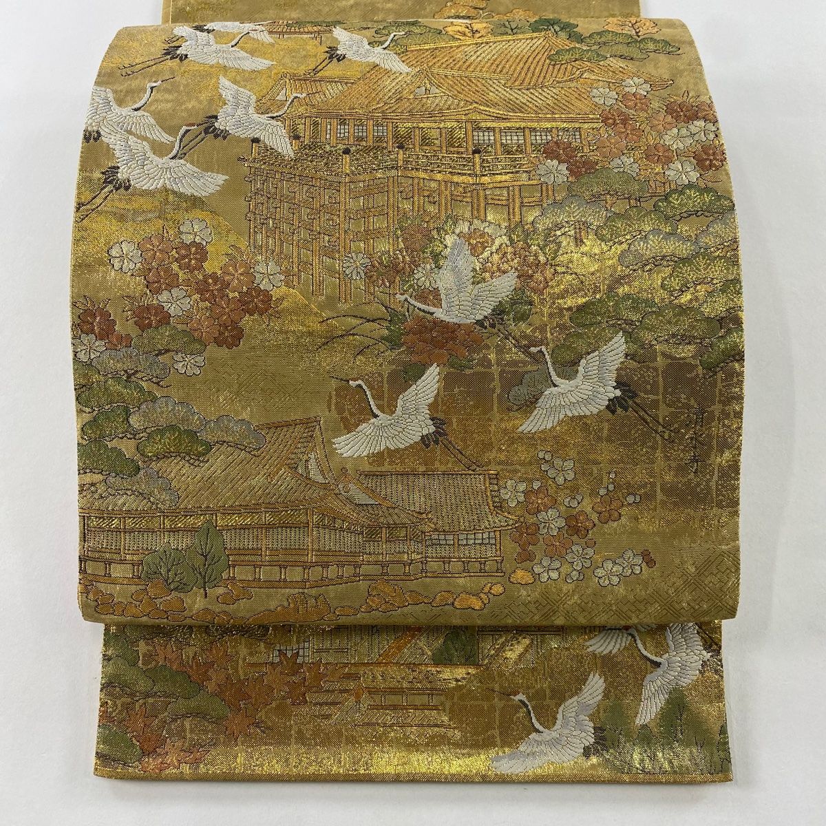 袋帯 秀品 京風景 鶴 箔 金糸 金色 お太鼓柄 正絹