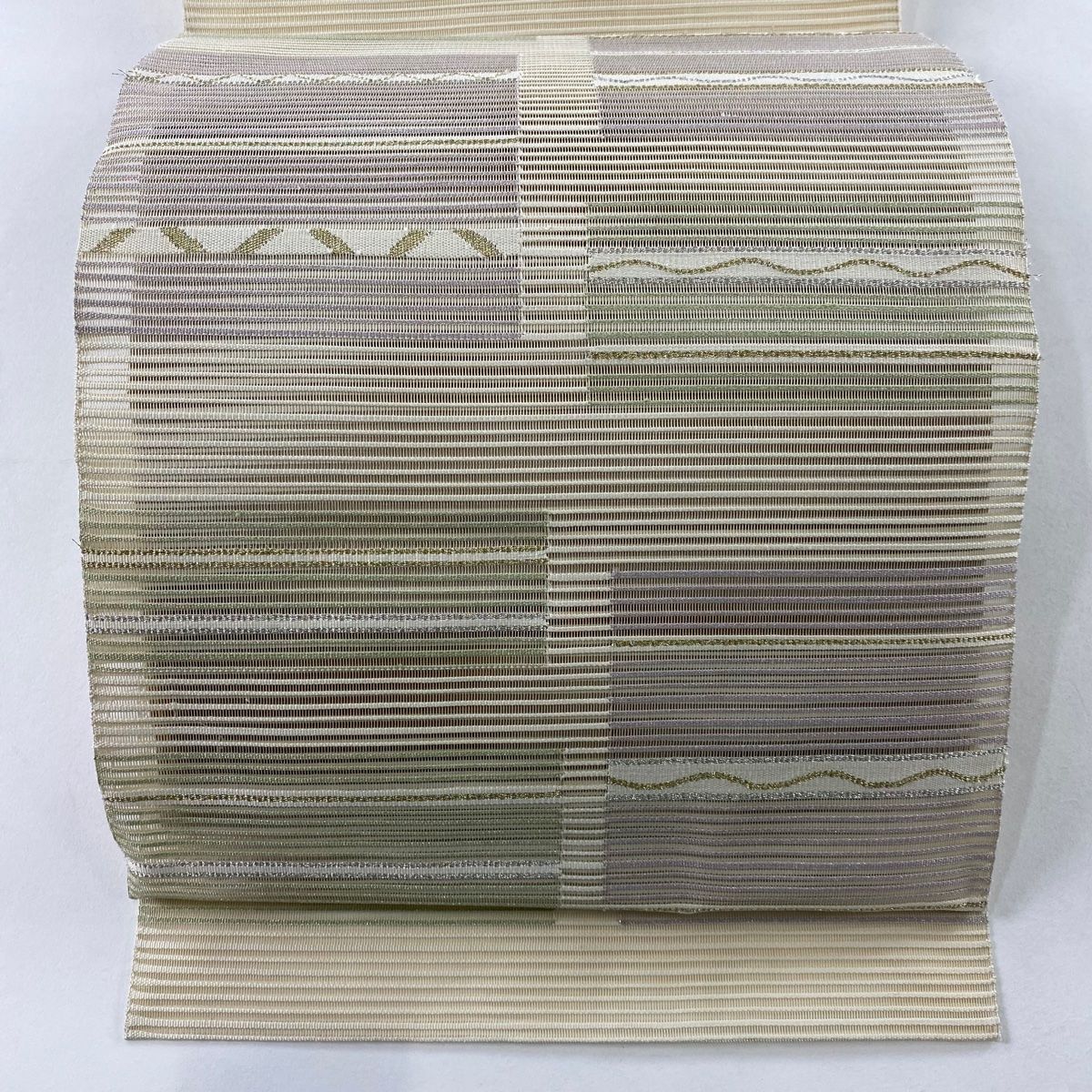 名古屋帯 秀品 夏帯 八寸名古屋帯 松葉仕立て 縞模様 四角 金糸 銀糸 クリーム 正絹