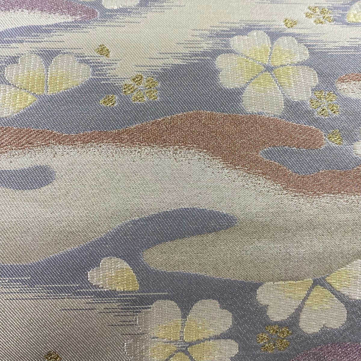 袋帯 秀品 桜 霞 箔 ラメ糸 青灰色 六通 正絹