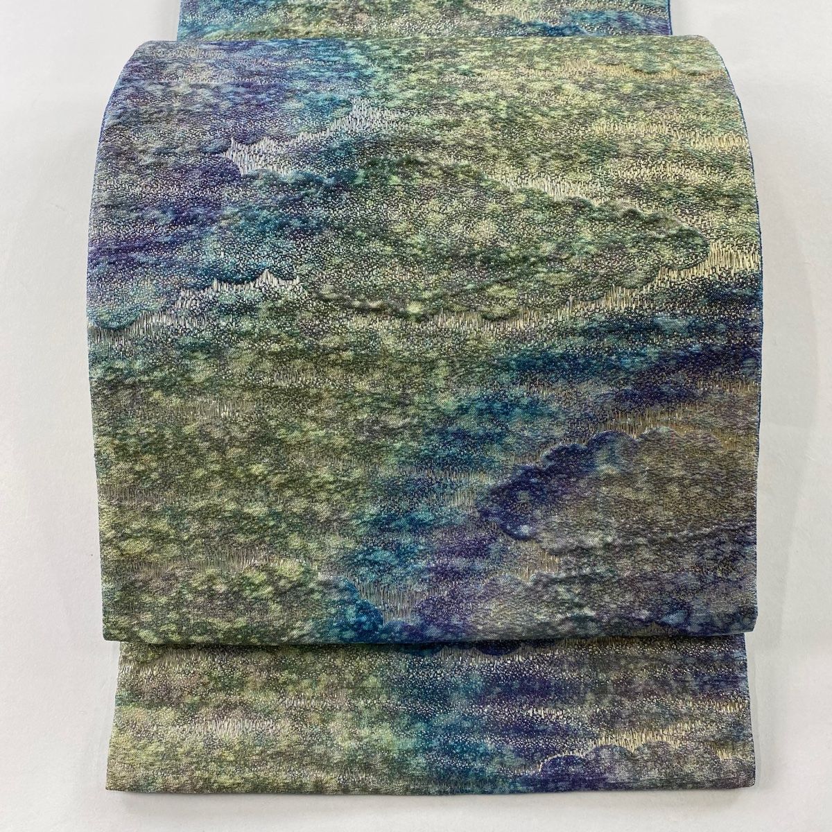 袋帯 秀品 雲文 霞 金銀糸 ふくれ織 よもぎ色 全通 正絹