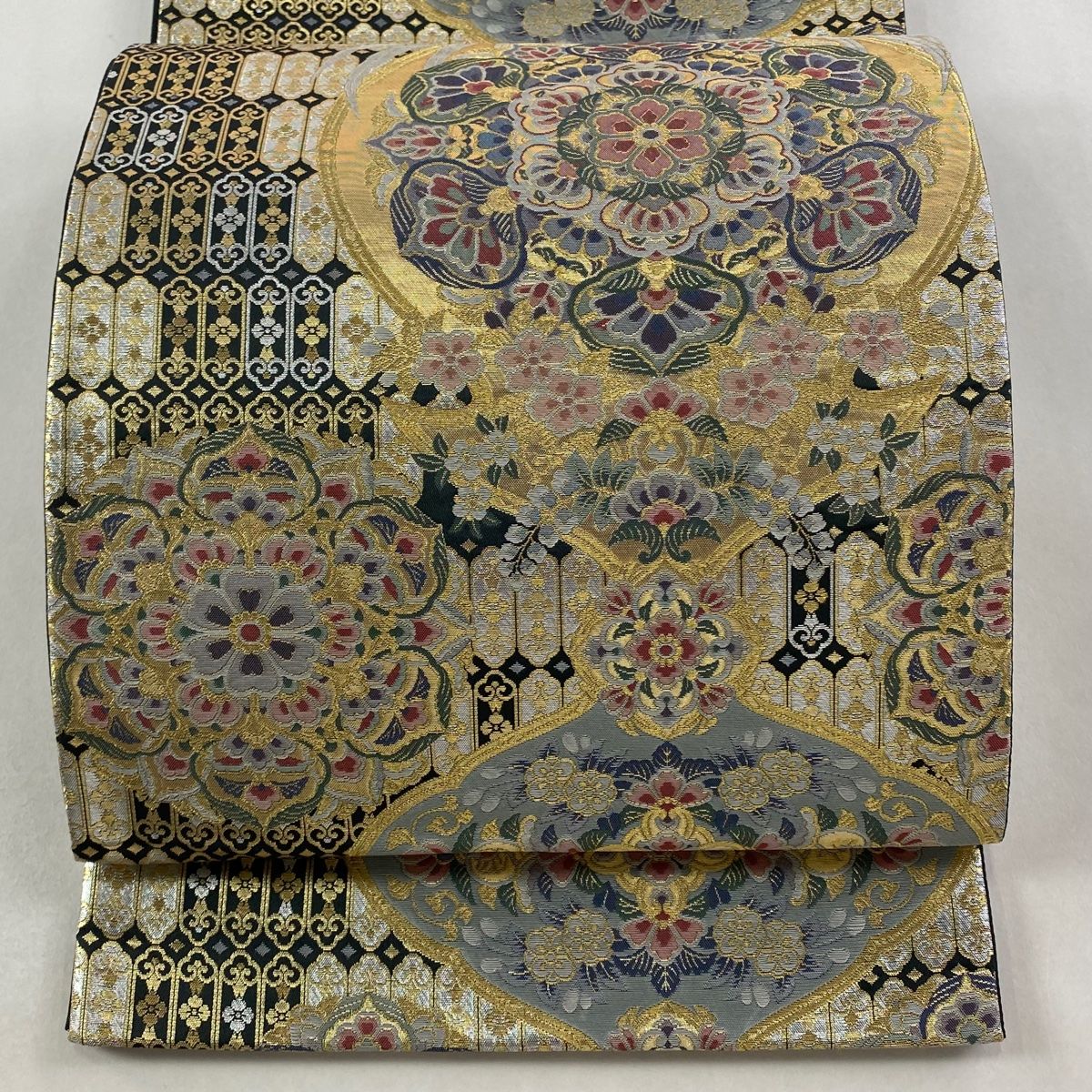 袋帯 秀品 華文 向かい鳥 金糸 箔 深緑 六通 正絹