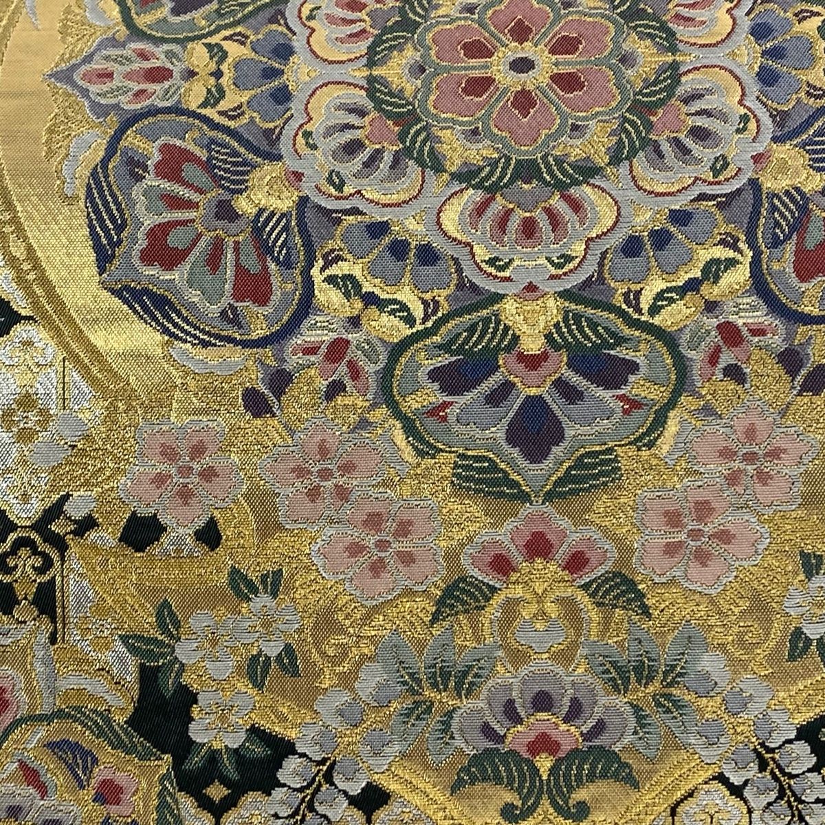 袋帯 秀品 華文 向かい鳥 金糸 箔 深緑 六通 正絹