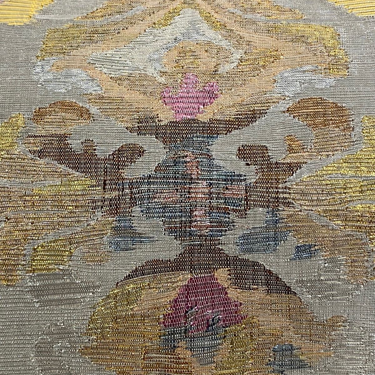 袋帯 秀品 落款 草花 箔 銀色 お太鼓柄 正絹