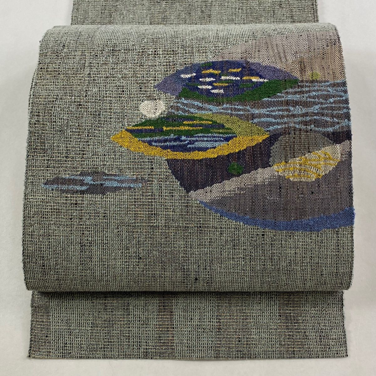 名古屋帯 秀品 八寸名古屋帯 松葉仕立て 幾何学模様 金通し 灰緑 正絹