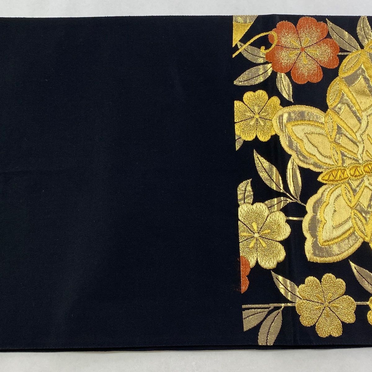  袋帯 秀品 蝶 枝垂れ桜 金糸 箔 黒 六通 正絹 袋帯 帯