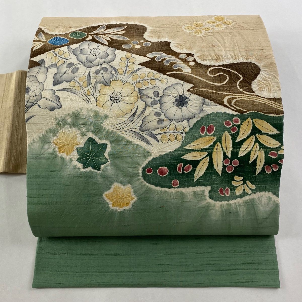 名古屋帯 秀品 紬地 草花 流水 絞り ベージュ 正絹