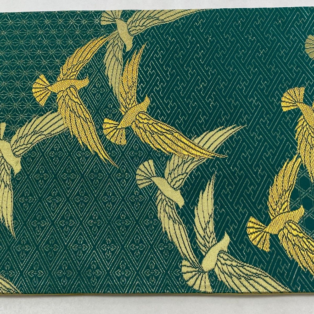 美品】 袋帯 秀品 斉藤三才 落款 鳥 有職文様 金糸 箔さ 緑 全通 正絹
